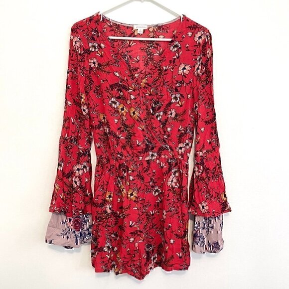 XHILARATION Coral Red Multi Floral Long Bell Flare Sleeve Wrap Surplice Romper S - Picture 2 of 12